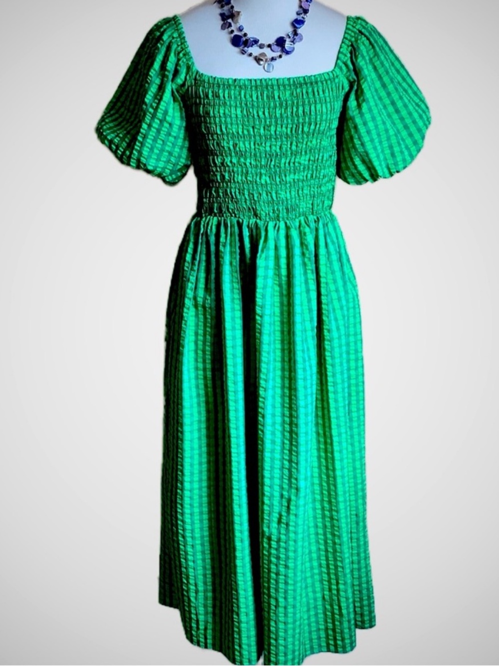 ASOS NEVER FULLY DRESSED Green Gingham Smocked Maxi Dress Size M